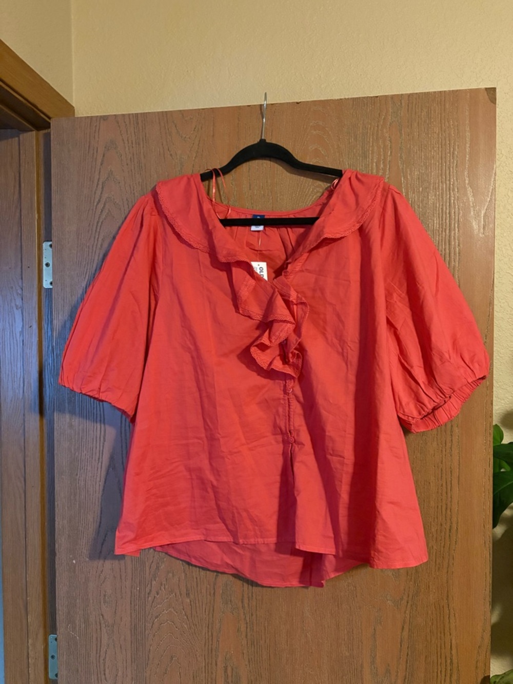 Old Navy Coral Red Ruffle-Front Puff Sleeve Blouse